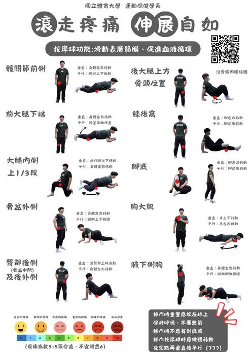 運動保健教育海報-巫毒帶、按摩球、伸展(含示範影片QR code)圖片